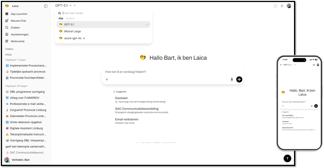 Schermopname van LAICA op de laptop en mobiel